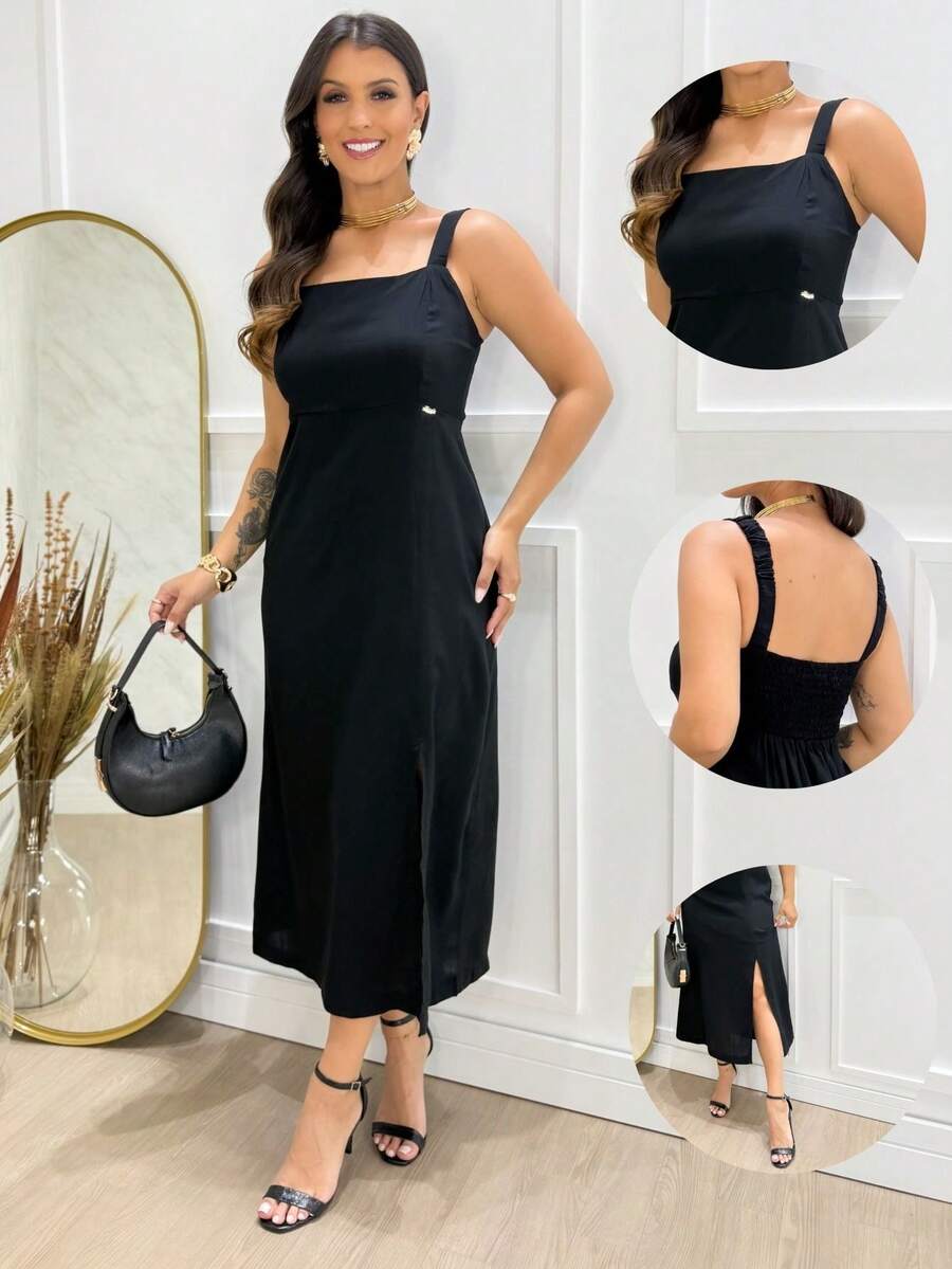 Elegant Long Dress With Slit, Stretch And Lining For Summer - 黑色 - 查看 1