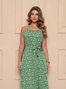 Women's Long Strap Dress | Crepe With Elastec L Flower I Off The Shoulder. - 橄欖綠 - 查看 5