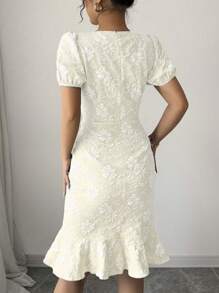 2025 Frühling Sommer Damen Sommer elegantes Jacquard-Texture einfarbiges Kleid mit rundem Ausschnitt, Rüschen, Puffärmeln und Knielänge