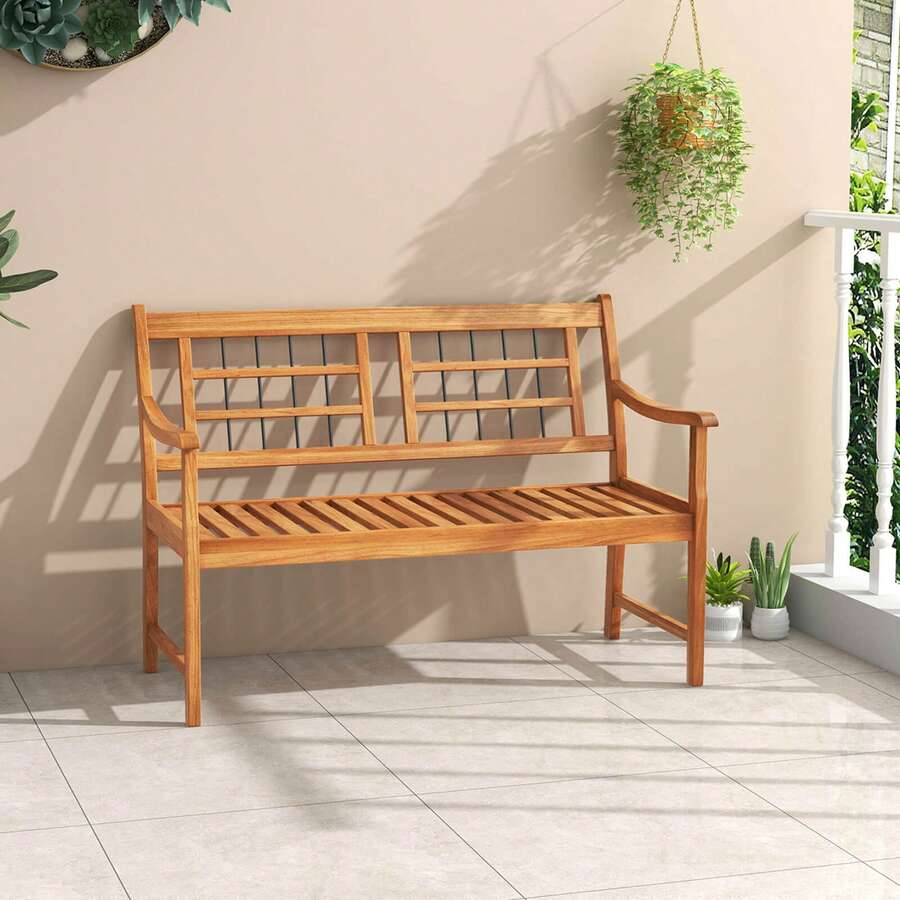 Lifezeal Outdoor Acacia Wood Bench 2-Person Patio Bench With Slatted Seat & Backrest - Natural - View 1