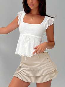 Women's Summer Slim Crop Tops Cute Flying Sleeve Square-Neck Shirt Tie Bow Front Jacquard T-Shirt For Streetwear Casual Going Out Tops