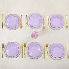 10 piezas/30 piezas/50 piezas Platos de papel para el almuerzo de color púrpura claro, platos de fiesta, con borde ondulado de lámina de oro, adecuados para cumpleaños y bodas (9 pulgadas) - Morado - Ver 6