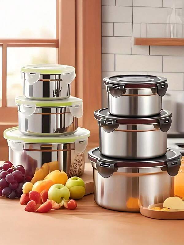 1/3 piezas Contenedores de alimentos de acero inoxidable con bandeja de drenaje extraíble, organizador de refrigerador para almacenamiento de frutas y verduras en el refrigerador/congelador, organización de cocina, color aleatorio