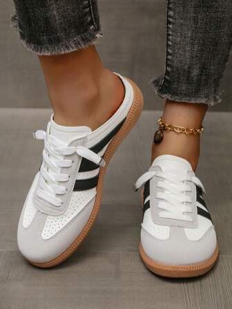 Women's Casual Sneakers, Spring New Retro Style Lace-Up Low-Top Mix-Color Half-Mule Trainers