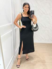 Elegant Long Dress With Slit, Stretch And Lining For Summer - 黑色 - 查看 5