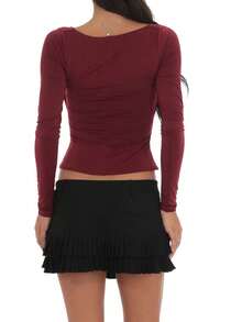Womens Cowl Neck Cutout Tops Long Sleeve Low Cut Solid Color Slim Fit T-Shirts Fall Blouses - Red - View 6