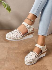 Nuevas sandalias planas con plataforma para mujeres, sandalias corredizas con tira y suela gruesa tejida de dedo cerrado - Beis - Ver 4