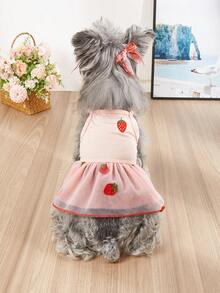 1 pieza Vestido para perro, vestido de princesa con estampado de fresa, ligero para primavera/verano para perros pequeños y mascotas tipo Teddy - Rosa - Ver 4
