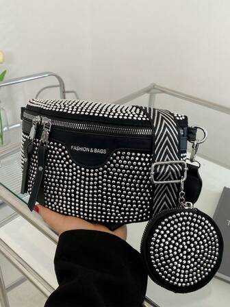 2 件套闪亮水钻腰包和胸包，带零钱包，适合女士，适合夏季外出、运动、开斋节、节日礼物