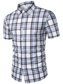 Men's Button-Down Short Sleeve Plaid Shirt, Casual Holiday Checked Short Sleeve Shirt - Blue - View 1