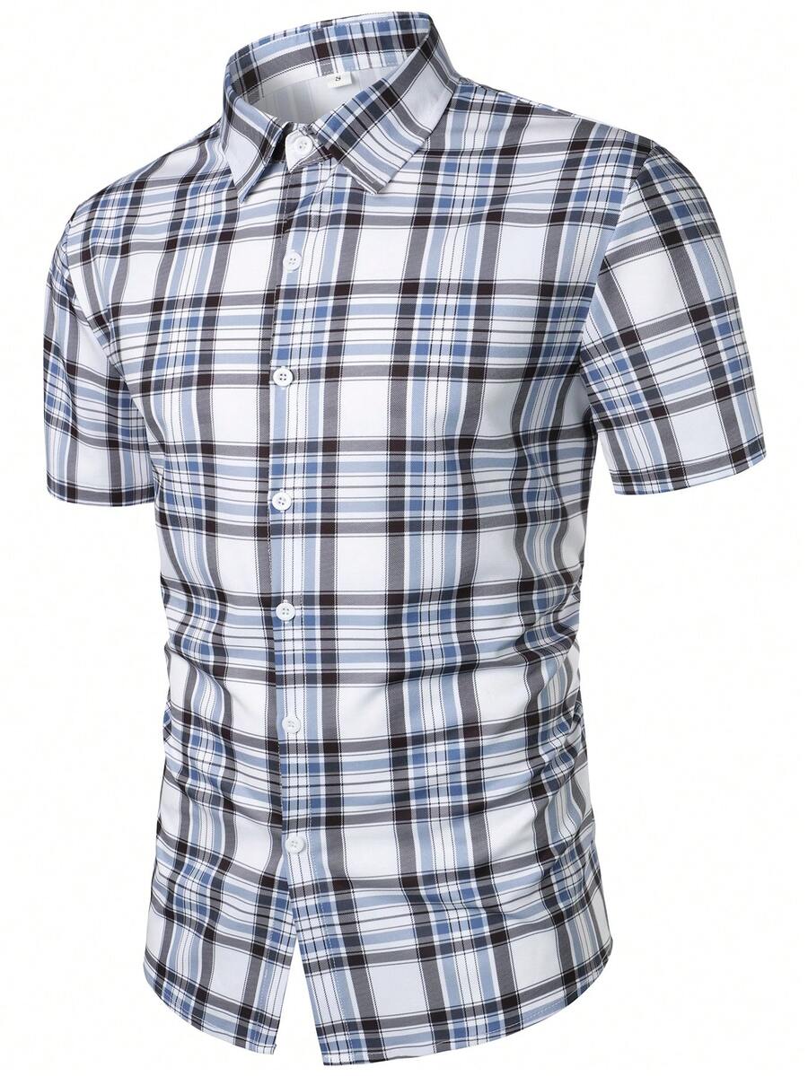 Men's Button-Down Short Sleeve Plaid Shirt, Casual Holiday Checked Short Sleeve Shirt - Blue - View 1