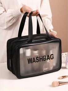 三件套防水旅行化妆包，双层洗漱包，适用于沐浴、化妆品收纳，手提式设计，可收纳美容产品、沙滩用品、干湿分离物品、游泳用品、少女用品、护肤品、卫生巾等，透明收纳包，拉链配件，美甲用品，化妆包，洗漱包，桌面收纳包 - 彩色 - 查看 4
