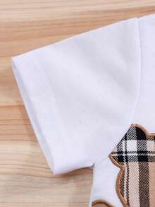 4pcs/Set Summer Outdoor Cartoon Bear & Plaid Embroidered Baby Short Sleeve T-Shirt + Shorts