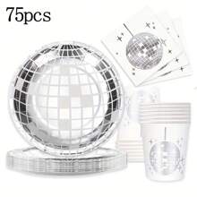75pcs Silver Disco Party Disposable Tableware Set, Includes 7-Inch Plates, Cups, Napkins With Silver Disco Ball Pattern, Suitable For Disco Parties, Theme Parties, Birthdays, Events, Outdoor Gatherings, And Dining