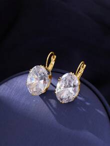 1 Pair Bling Bling Big Oval Cubic Zirconia Hoop Earrings For Women Jewelry Gift - Vàng - Xem 4