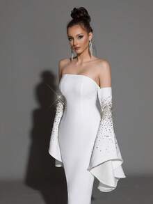 新款白色喇叭袖露肩性感紧身长款绷带连衣裙，优雅适合舞会、婚礼宾客、派对、节日、女士正式晚礼服