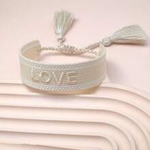 1 pieza Pulsera de cuerda tejida a mano con letra LOVE, estilo bohemio de vacaciones, para fiesta, viaje, uso diario y regalo - Beis - Ver 5