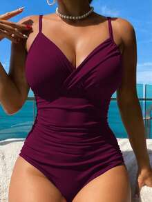 性感纯色交叉褶皱紧身连体比基尼泳装，流行欧美风格