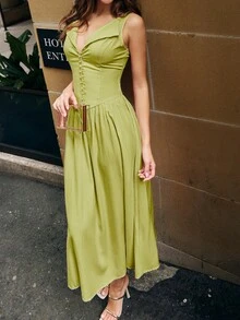 Spring/Summer Solid Color Button Patchwork Dress, Elegant Lady Style, Suitable For Daily, Date, Vacation Wear - Lime Green - View 3