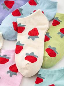 1/5 Pairs Strawberry Boat Socks, Thin Shallow Mouth Invisible Socks, Cute For Spring And Summer - Multicolor - View 3