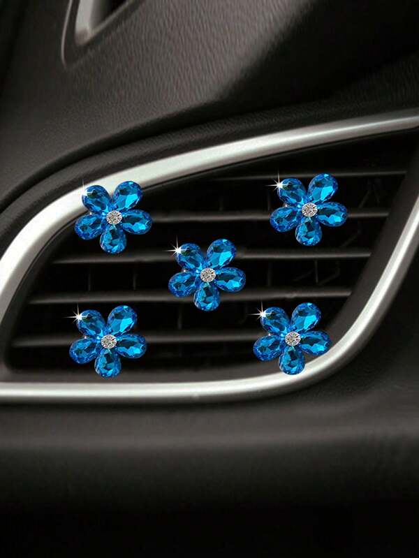 5 قطع/10 قطع مشبك فتحة هواء بزهرة خماسية البتلات من الأحجار الكريستالية والراينستون، إكسسوارات ديكور داخلية لسيارة لامعة