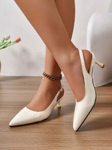 Nuevos tacones altos elegantes de moda 2025, tacones altos blancos sexy, punta afilada, parte superior suave, adecuados para boda, fiesta, uso diario, todas las estaciones, decoración de cadena metálica, hebilla ajustable, sandalias de tacón para mujer