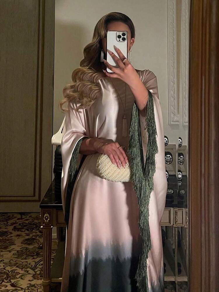 Hafizah 女士渐变色长袍 - 丝滑粉灰渐变色阿巴雅长袍，饰以绿色流苏，优雅时尚，春季之选 - 軍綠色 - 查看 2