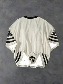 男童芝加哥 #66 图案圆领 T 恤，黑色和米色条纹设计，涤纶夏季街头服饰，适合户外活动，休闲户外服装 | 时尚休闲上衣 | 光滑面料，芝加哥 T 恤