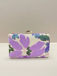 Sequin Embroidered Floral Clutch Bag (Random Pattern, Unique), Elegant And Refined Fashion Women's Handbag With Metal Chain, Suitable For Parties, Weddings, Galas, Halloween Celebrations, Colorful Crossbody Bag - Purple - View 3
