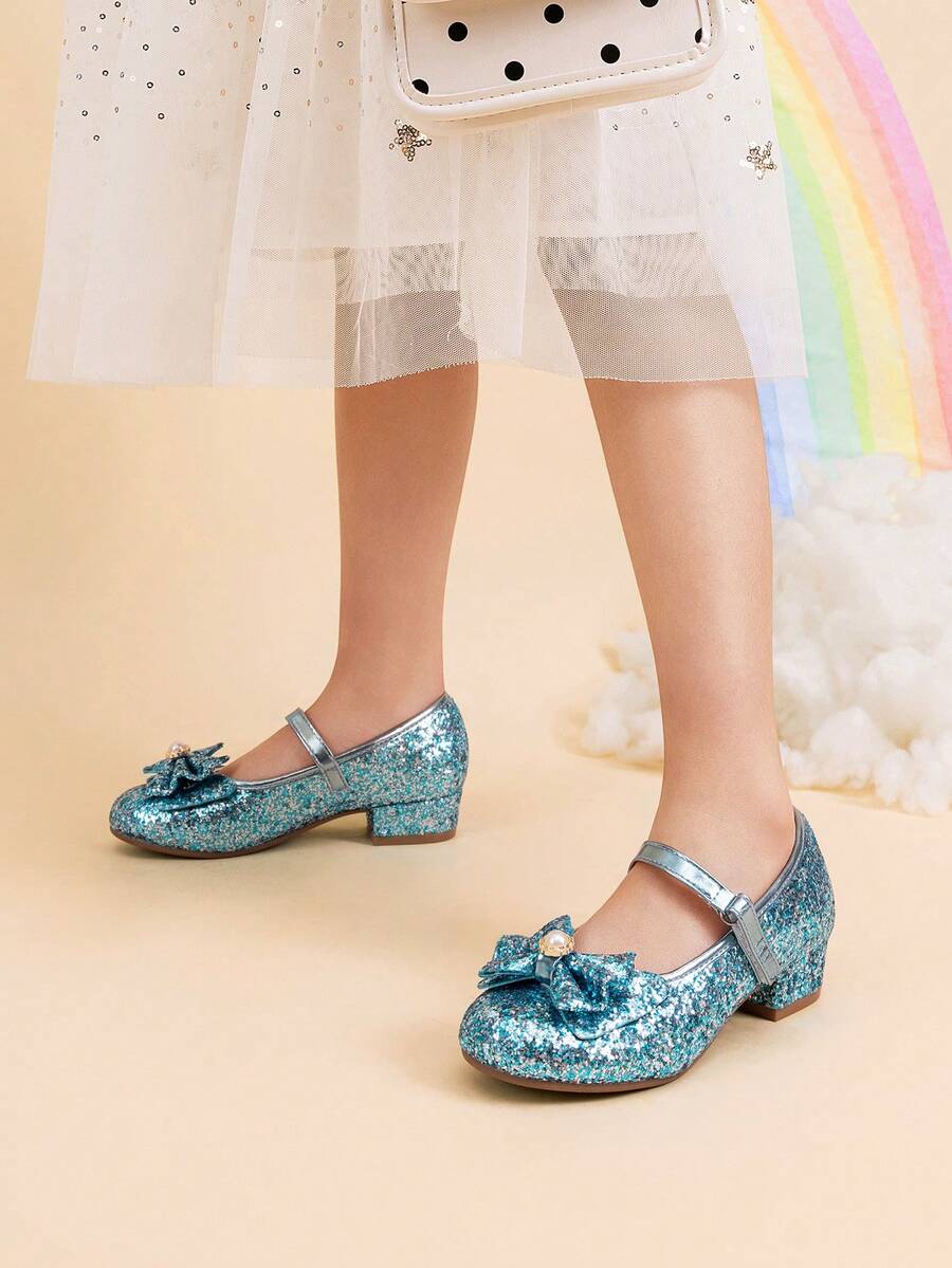 Girls Dress Shoes Princess Shoes For Toddler Little Girl Mary Jane Low Heels Glitter Flower Party Wedding Footwear - Màu xanh lam - Xem 1