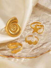 1pc Stainless Steel Fashion Ocean Element Spiral Shell & Starfish Ring, Suitable For Women Beach Holiday Travel Wear