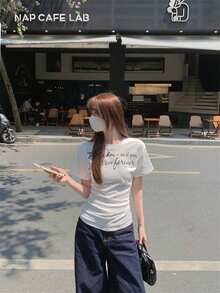 夏季韩版字母印花修身收腰设计上衣 - 白色 - 查看 4