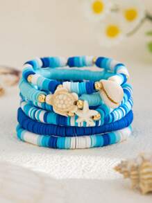 Conjunto de 6 peças/conjunto de pulseiras ajustáveis coloridas com contas, estilo oceano criativo, decoração de estrelas do mar e conchas, para mulheres que podem usar empilhadas