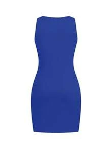 Women Summer Casual Plain Sleeveless T-Shirt And Skirt, Slim Fit Tank Top And Form-Fitting Dress, Beach/Holiday Outfit Party - Royal Blue - View 3