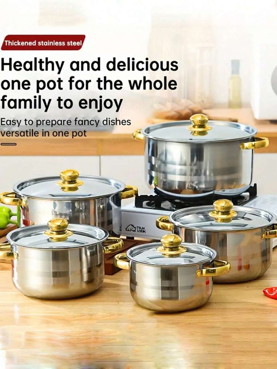 Bộ đồ nấu ăn bằng thép không gỉ 10 món/bộ, bao gồm 5 nồi có 5 nắp, nồi nấu bằng thép không gỉ có quai cầm đôi, thích hợp cho súp, lẩu, mì, mì ống, hải sản, quà tặng hoàn hảo cho tân gia, tốt nghiệp, tiệc tùng, tiệc độc thân, ngày của cha, sinh nhật, đám cưới - Nhiều màu - Xem 1