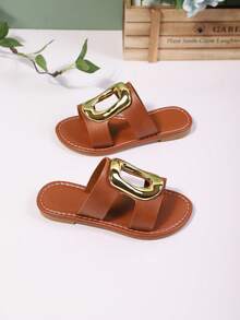 1 双圆头平底儿童时尚拖鞋，纯色，金色金属纽扣设计，露趾，可爱罗马风格，适合3-12岁，适合休闲、沙滩、夏季 - 棕色 - 查看 5