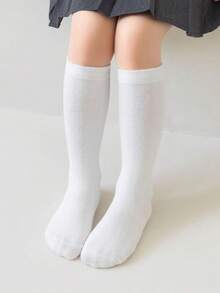 1 Pair Kids & Teens Solid Color Wide Mouth Breathable Knee-High Socks, Suitable For School Wear - White - View 2