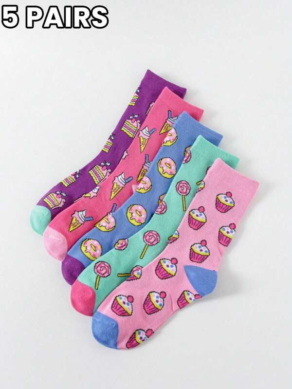5 Pairs/Sets Of Women's Four Seasons Dessert Pattern Mid-Tube Socks Combination