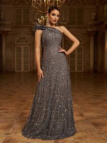 Missord Asymmetrical Neck Mermaid Hem Sequin Formal Dress Elegant Prom Evening Wedding Guest Gown, For Graduation, Dinner Party Dress - Dusty Blue - View 1