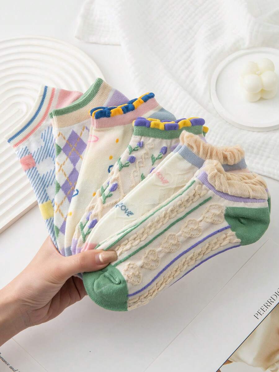1/5/10 Pairs Women Cute Lace Trim Socks, Ditsy Floral Short Socks, No Show Socks In Fashionable, Sweet Style For Spring, Summer, Autumn - Multicolor - View 1