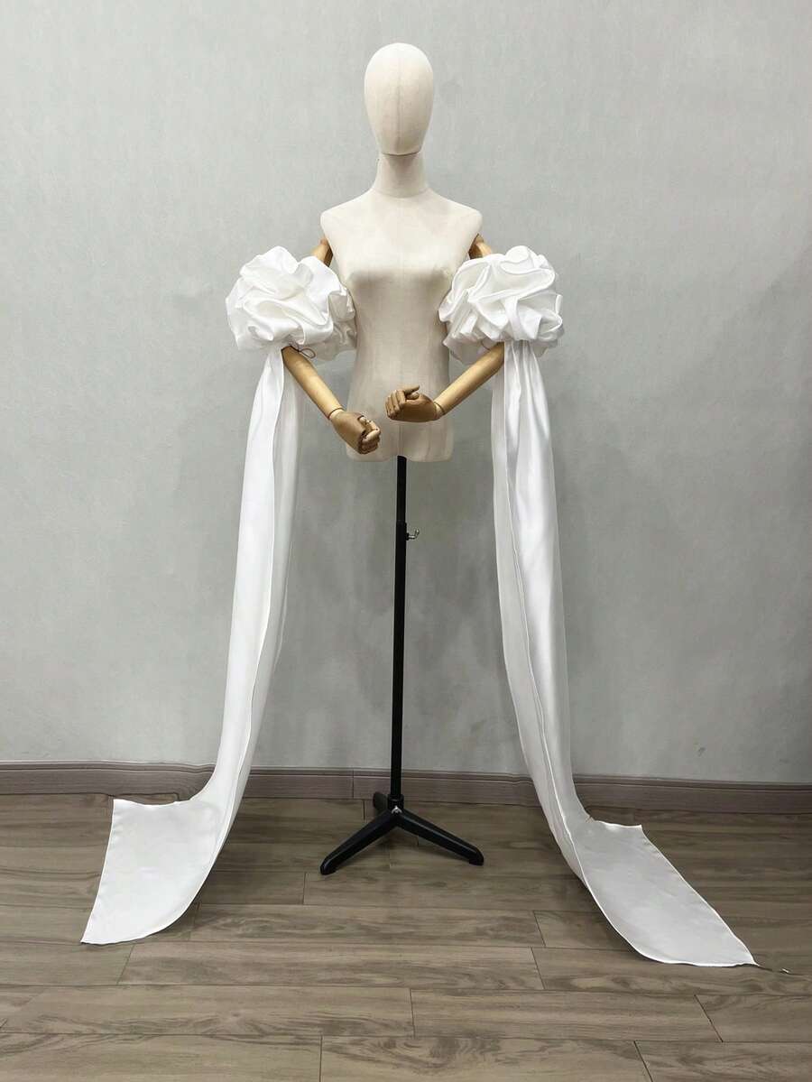 1pc White Satin Puff Sleeve Bride Decorative Sleeve Cover + Detachable Long 125cm Train Autumn Accessories - Multicolor - View 1
