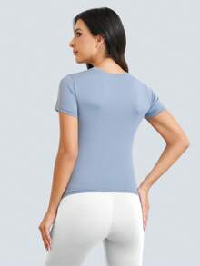 Damen Slim Fit Yoga Sportbekleidung, enge Kompression Schnell-Trocknend T-Shirt, geeignet für den täglichen Lässig-Bereich, Fitnessstudio-Training, Outdoor-Wandern - Babyblau - Übersicht 3