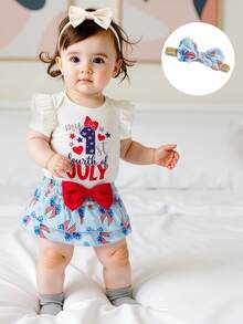 My First 4th Of July Baby Girl Outfit Short Sleeve Romper Tutu Shorts Headband Set Newborn Inpendence Day Clothes - 白色 - 查看 6