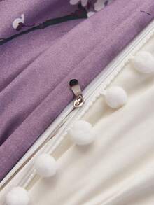 2/3件套紫色绒球流苏印花被套套装（不含被芯），透气超柔软，四季皆宜，双面可用，适用于卧室、客房、宿舍。套装包含1件被套和1/2个枕套（不含被芯），可机洗，尺寸可选：特大号、大号、标准双人床、单人床