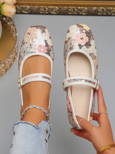 Büyük Beden 35-43 Parıltılı Kare Burunlu Düz Günlük Loafer'lar Elbise, İlkbahar/Sonbahar, Günlük Giyim, Ayakkabı Yüzeyinde Rastgele Desenler, Bale Ayakkabıları ve Mary Jane'lerle Uyumlu