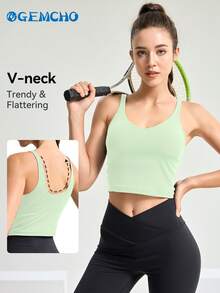 GEMCHO 女士瑜伽运动长款无钢圈中等支撑背心，夏季款 - 綠色 - 查看 4