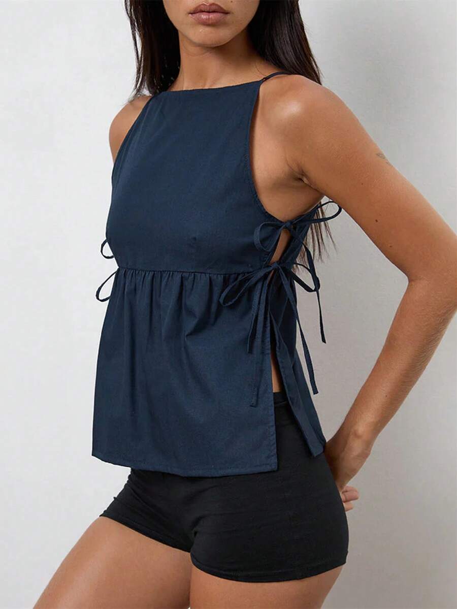 Women's Tie Strap Tank Tops Solid Plaid Pattern Side Ties Sleeveless Spaghetti Straps Camisole For Summer - Màu xanh hải quân - Xem 1
