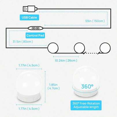 Luces LED de cambiador para espejo, Bombillas regulables, Color y brillo Ajustables, USB, 10 focos