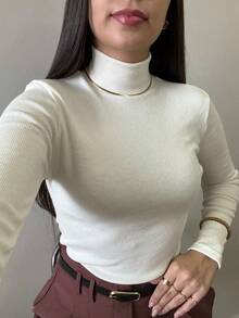 Women's Ribbed Blouse Long Sleeve High Neck Basic  Casual Modern Second Skin Cream - Kem - Xem 3