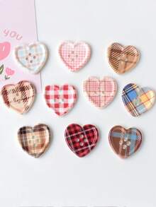 10pcs Plaid Heart Shaped Button Decoration Accessories Hair Clips Phone Cases Clothing Sewing Craft DIY Materials
